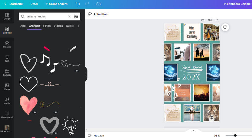 Die Funktion Grafiken einfügen beim Visionboard mit Canva