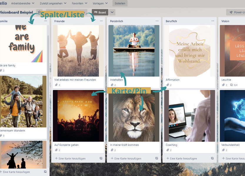 Listen und Karten auf deinem Visionboard bei Trello
